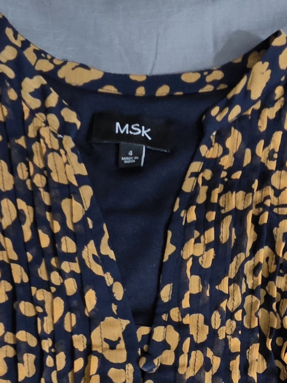 MSK Navy and Mustard Printed V-Neck Pleated Dress